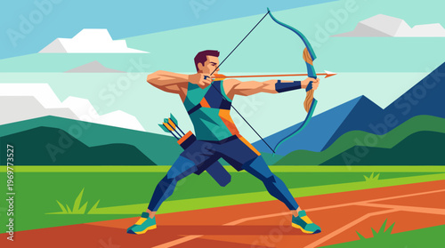 Illustration of a male archer athlete aiming with a bow and arrow during practice.