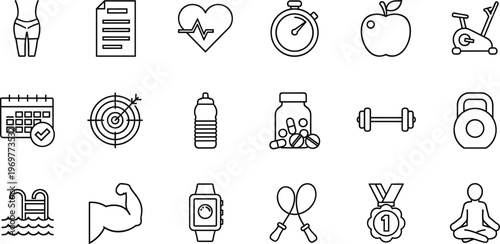 Fitness and healthy lifestyle icons set with workout, gym equipment, nutrition, heart health and sport symbols isolated on white background for wellness and training concepts