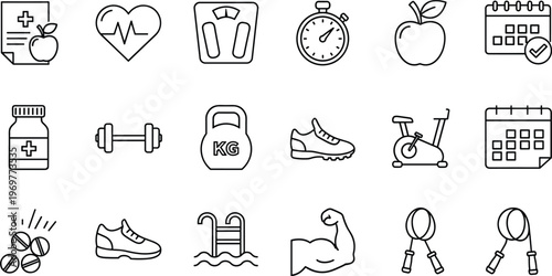 Fitness and health icons set with workout, gym equipment, nutrition, running shoes and medical symbols isolated on white background for wellness, training and lifestyle concepts