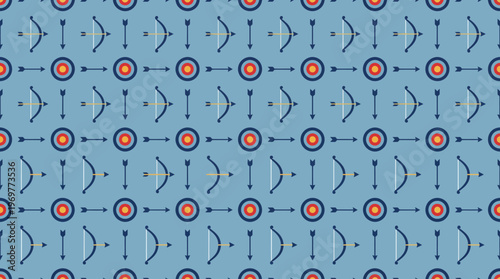 Repeating Pattern of Archery Targets Arrows and Bows on Blue Background.