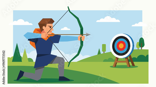 Young male archer in a kneeling position aiming his bow and arrow.