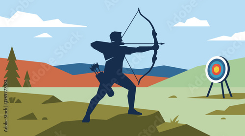 Vector illustration of an archer silhouette aiming a bow at a target.