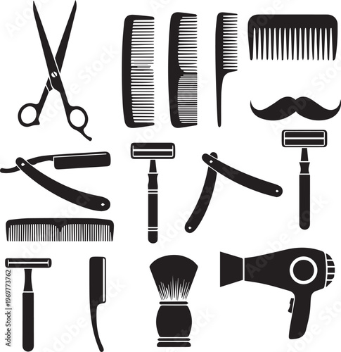 A comprehensive collection of essential men's grooming tools and barber accessories, showcasing classic silhouettes for professional haircare and personal style