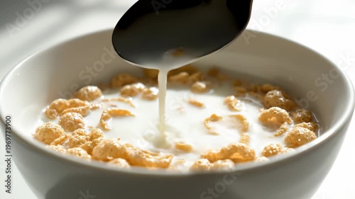 Close-up of cereal bowl with milk as spoon lifts cereal from the surface, showcasing the texture and interaction of food in a bright kitchen setting