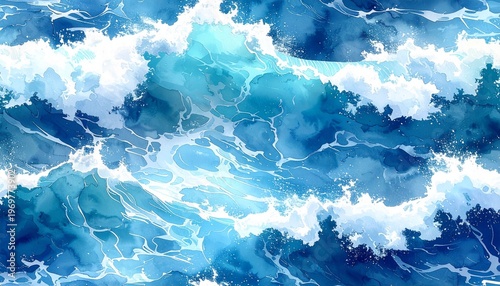 Ocean waves crash on the shore with white foam and blue water