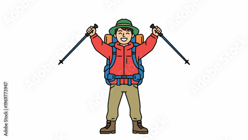 Hiker Character with Backpack and Trekking Poles Illustration