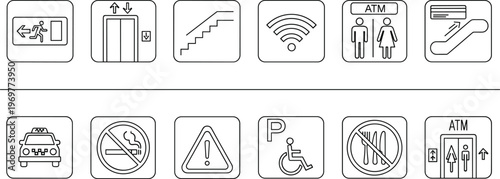 Public service and facility icons set with taxi, elevator, wifi, ATM, accessibility and safety signs isolated on white background for navigation, transport and urban information concepts