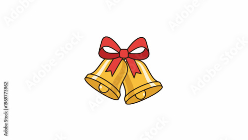 Golden Christmas bells with red ribbon bow on white background