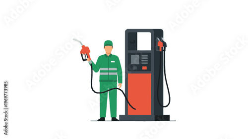 Gas Station Attendant Holding Fuel Nozzle Near Pump Illustration