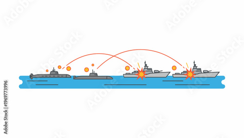 Naval Battle Vector Illustration with Submarines and Warships