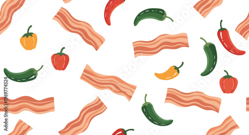 Seamless bacon and chili pepper pattern vector, spicy breakfast food background with fried meat strips and hot peppers, kitchen textile wrap