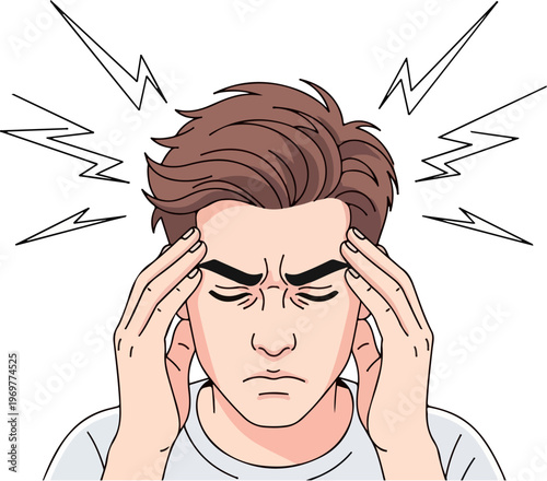 Stressed man suffering from severe headache and migraine, cartoon vector of person with head pain, mental health and stress concept illustration