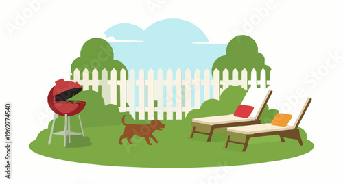 Peaceful backyard garden vector illustration with dog, lounge chairs, and white picket fence