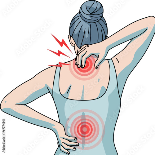 Woman with back pain and neck ache, female character suffering from spinal injury and muscle tension, medical vector illustration of chronic body pain