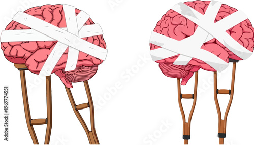 Mental health concept vector illustration, injured human brain with bandages on crutches, psychological trauma and recovery symbol