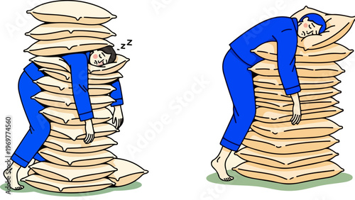 Exhausted man sleeping in a stack of pillows, tired person in blue pajamas resting on a pile of soft cushions, burnout and chronic fatigue concept