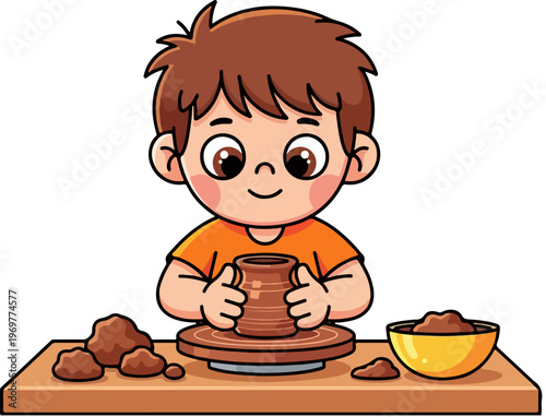 Cartoon boy making pottery on a spinning wheel, cute child artist sculpting clay vase, creative hobby and craft education vector illustration