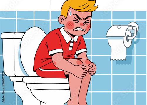 Cartoon boy with constipation sitting on toilet, child struggling with stomach ache and digestive problems, flat vector illustration of bathroom health issue