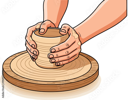 Pottery making hands shaping clay on a spinning wheel, ceramic artist at work, traditional handicraft workshop vector illustration