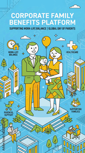 A fun vector illustration of a happy family and children watching a worker at work with a man and the car in a cartoon factory art style