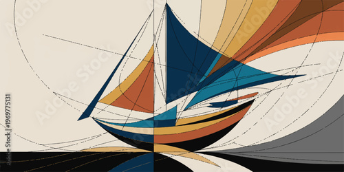 vector illustration of a sailing ship on the ocean with waves and sky in a nautical travel scene
