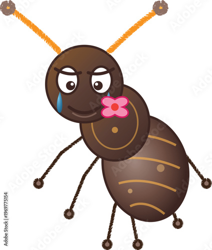 Cute Cartoon Ant Character With A Single Blue Tear Rolling Down Its Face, Looking Sad And Holding A Small Pink Flower, Isolated Vector Illustration, Perfect For Children's Designs