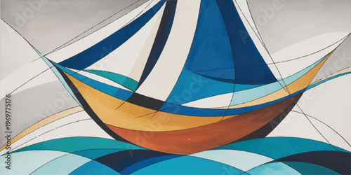 A nautical vector illustration of a sailing yacht vessel cruising on blue ocean waves under a summer sun and sky, designed as a marine travel icon for sea transportation