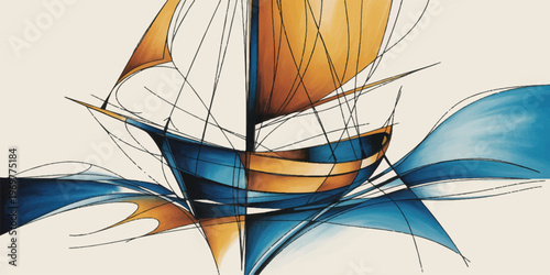 Vector illustration of a nautical sailing yacht ship with a mast and white sails cruising on blue summer sea waves under a bright sun as an abstract ocean travel background