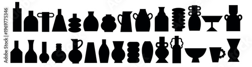 Set of ancient ceramic vases silhouette in flat style. Drawn minimalistic ceramic jars. Classic decorative containers shadow