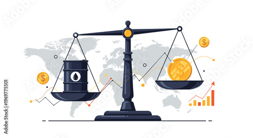 Economic concept of oil price balance showing a crude oil barrel and a gold dollar coin on scales over a world map background.