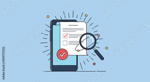 Mobile phone displaying a digital document with a magnifying glass and checkmarks illustrating an online verification process.