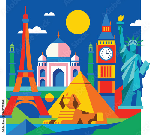 Flat Geometric Vector Illustration of World Famous Landmarks - Eiffel Tower, Taj Mahal, Statue of Liberty, Big Ben, and Great Sphinx of Giza