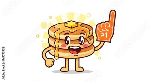 Cute Cartoon Pancake Character Wearing a Number One Fan Foam Finger.