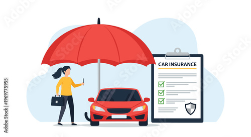 Female professional standing by a red car protected by a large red umbrella with a car insurance policy on a clipboard.