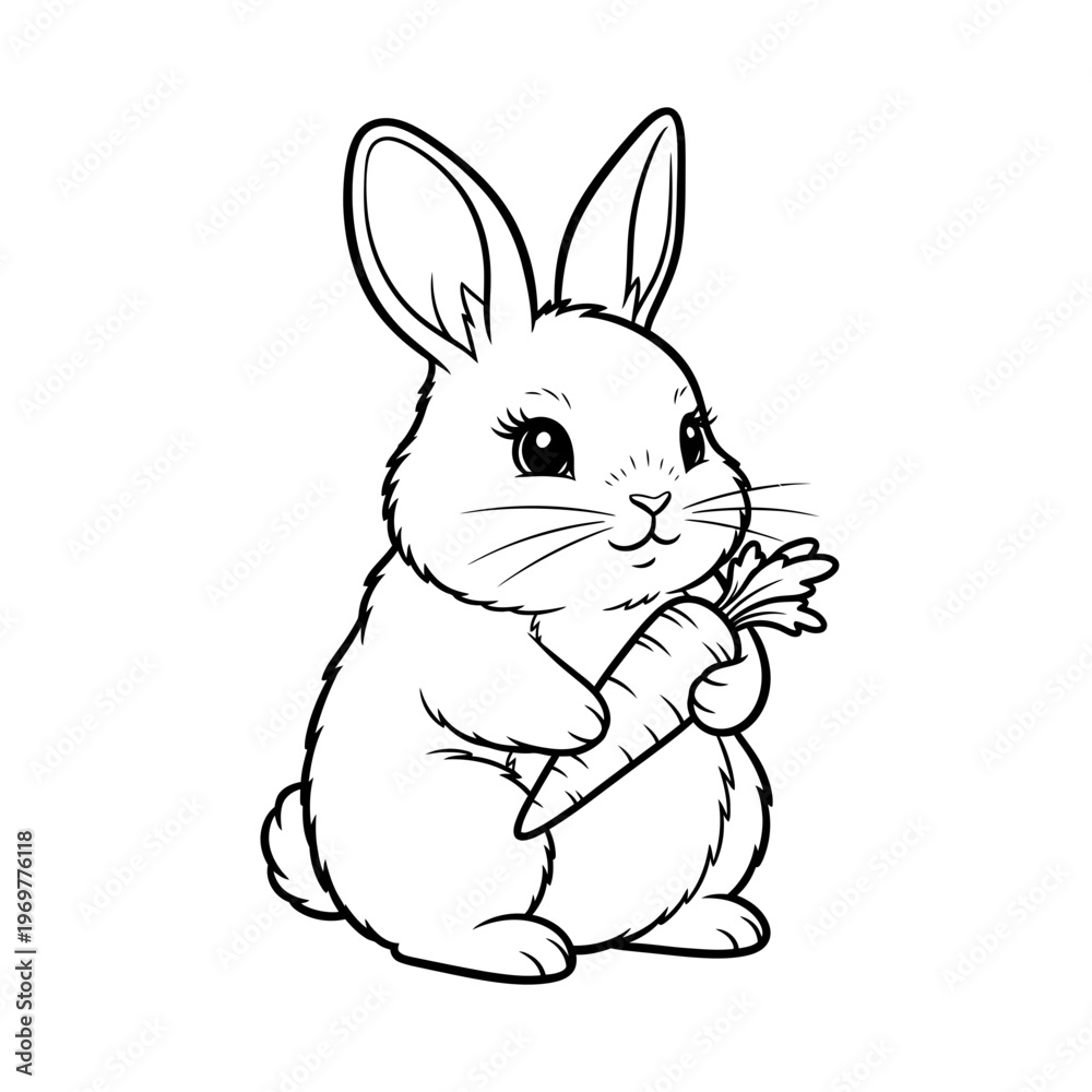 Fototapeta premium Cute cartoon bunny holding a carrot, line art illustration