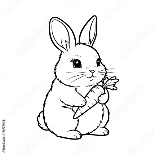 Cute cartoon bunny holding a carrot, line art illustration