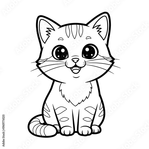 Cute cartoon cat coloring page, simple line art, black and white illustration for kids