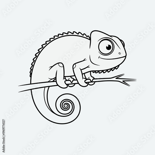 Cute cartoon chameleon drawing on a branch