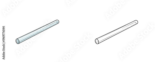Laboratory glass stirring rods in flat colored and black line art cartoon styles representing scientific equipment for mixing liquids in chemistry research on a plain white background