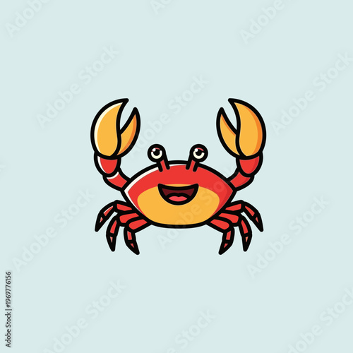 Cute cartoon crab waving claws, happy expression, isolated on light blue background.