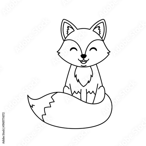 Cute cartoon fox illustration, simple line art, white background