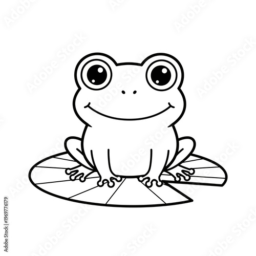 Cute cartoon frog sitting on a lily pad, black and white line art