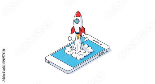 Startup business launch concept with a space rocket taking off from a smartphone screen representing mobile innovation.