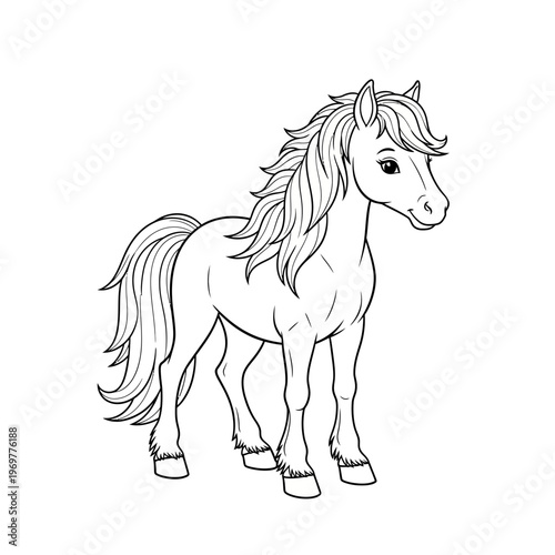 Cute cartoon horse, line art illustration, isolated on white background.