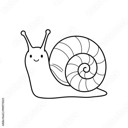 Cute cartoon snail, black and white outline, simple drawing, white background