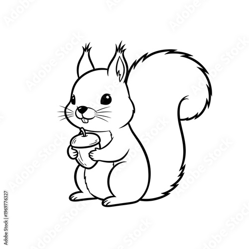 Cute cartoon squirrel holding an acorn, black and white line art illustration