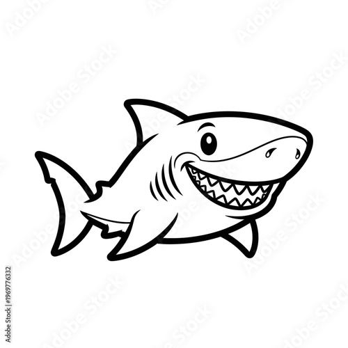 Cute cartoon shark smiling with sharp teeth, black and white outline illustration.