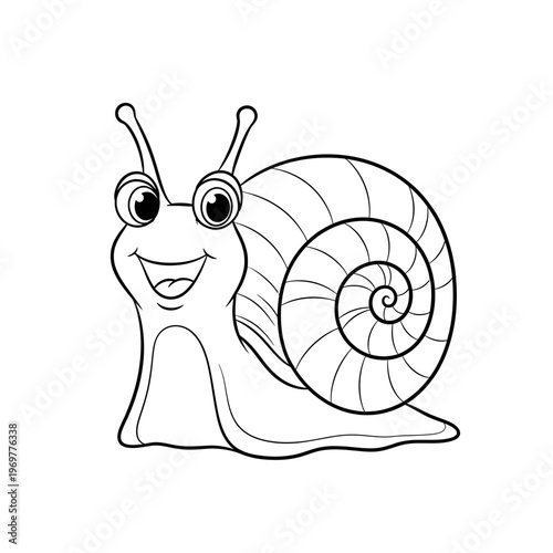 Cute cartoon snail coloring page, happy character, simple line art for kids