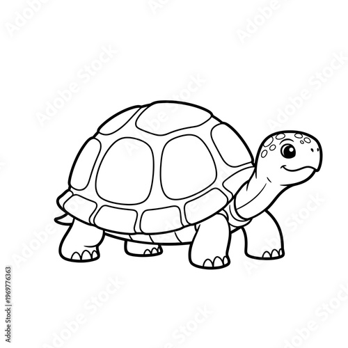 Cute cartoon tortoise illustration, black and white outline, isolated on white background.