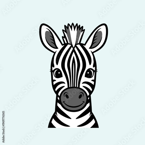 Cute cartoon zebra face, vector illustration, simple design, isolated on light blue background.